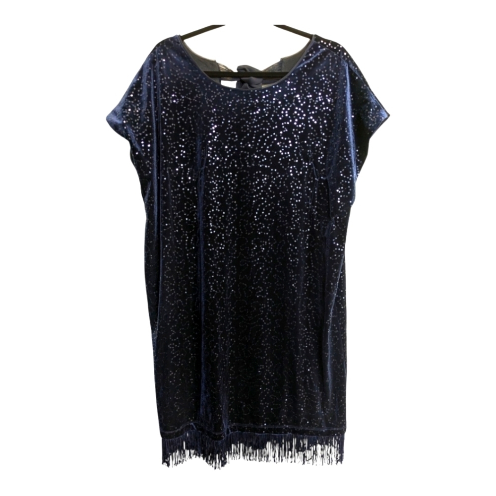 Oleg Cassini Blue Velvet Shift Dress Formal Fringe Sequins Backbow